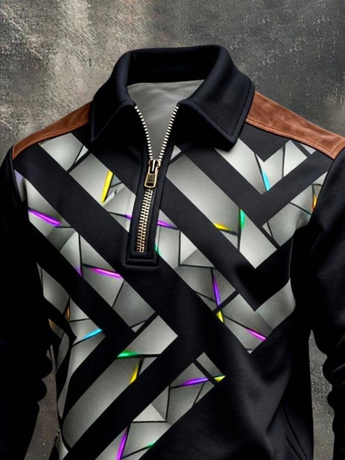 Men's Retro Color Block Print Color-Blocked Zip-Up Sweatshirt