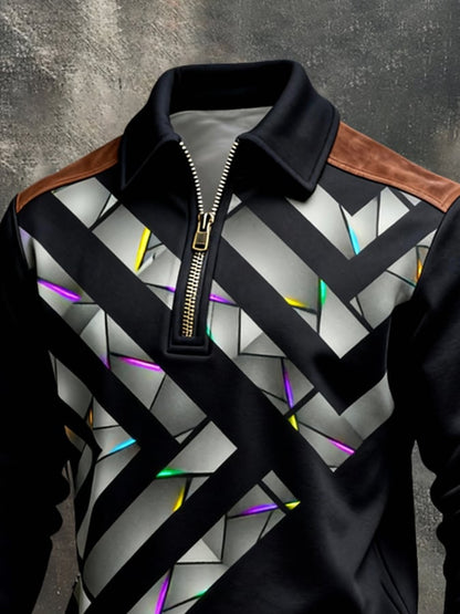 Men's Retro Color Block Print Color-Blocked Zip-Up Sweatshirt