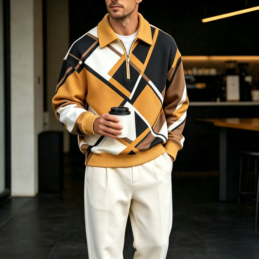 Men's Multi-Color Blocked Zipper Polo Shirt and Pants Set