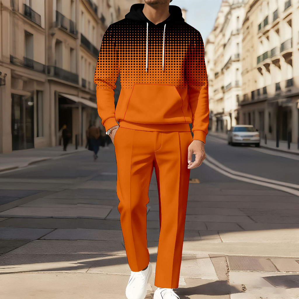 Men's Casual Color Matching Printed Long-Sleeve Hoodies Sweatshirt & Trousers Two-Piece Set