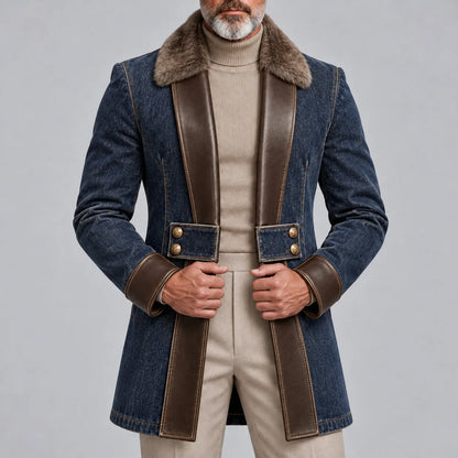 Men's Vintage Navy Blue Denim PU Leather Trim Fuzzy Collar Gold Button Trench Coat