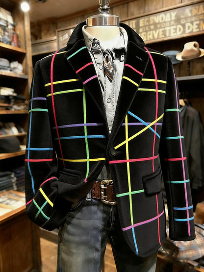 Men's Artistic Line Print Flannel Lapel Casual Jacket