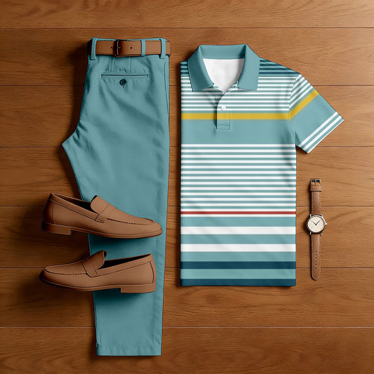 Men's Casual Green & Yellow Color Matching Striped Printed Short Sleeved Polo Shirt & Trousers Two-Piece Set