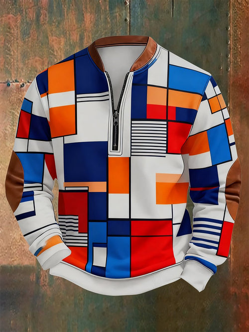 Men's Retro Bauhaus Geometric Style Print Quarter Zip Sweatshirt