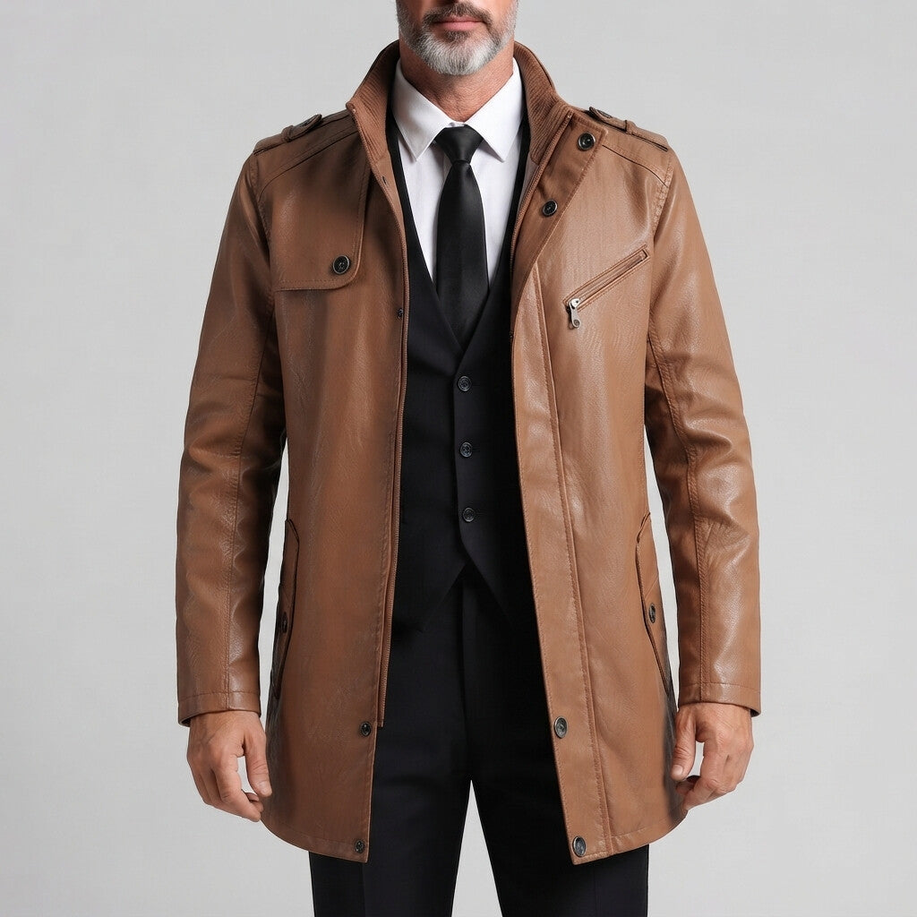Men's Vintage Stand Collar Slim Fit Zipper Mid-Length PU Leather Jacket