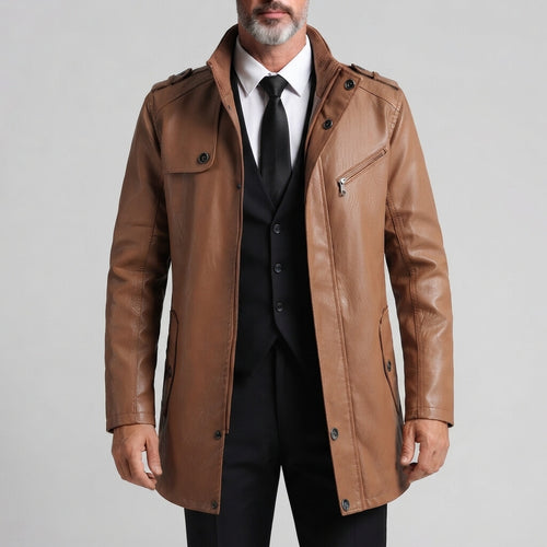 Men's Vintage Stand Collar Slim Fit Zipper Mid-Length PU Leather Jacket