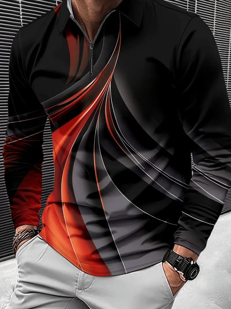 Men's Striped Luxe Zipper Neck Long Sleeve Polo Shirt