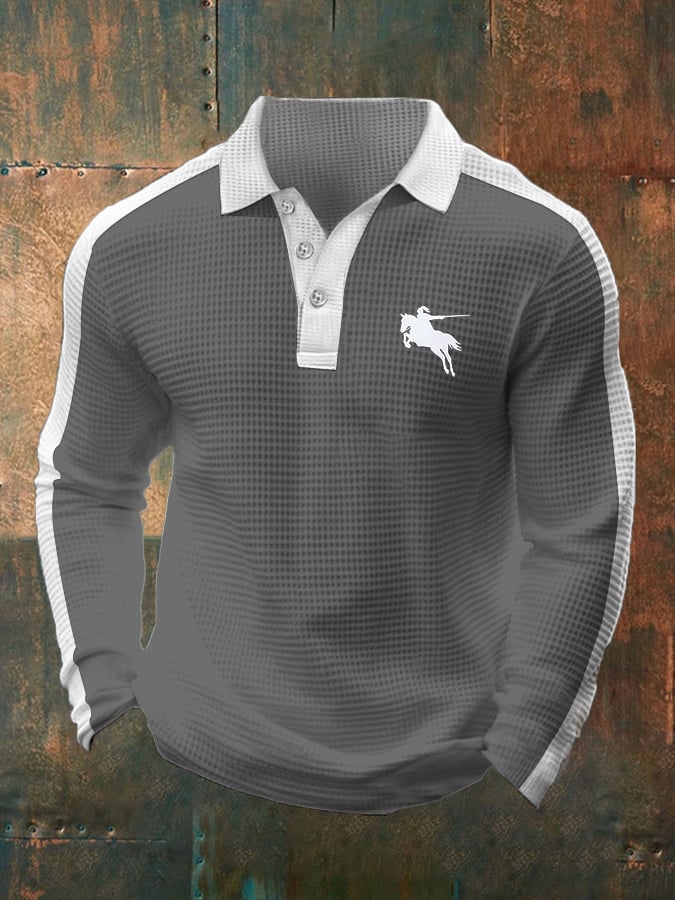 Men's Business Casual Waffle Fabric Long Sleeve Polo Shirt