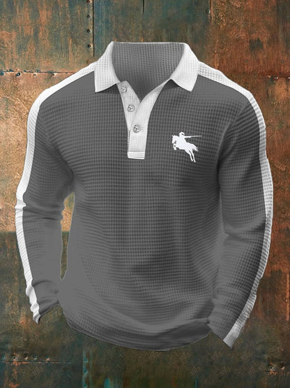 Men's Business Casual Waffle Fabric Long Sleeve Polo Shirt