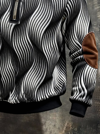 Men's Retro Color Block Print Color-Blocked Zip-Up Sweatshirt