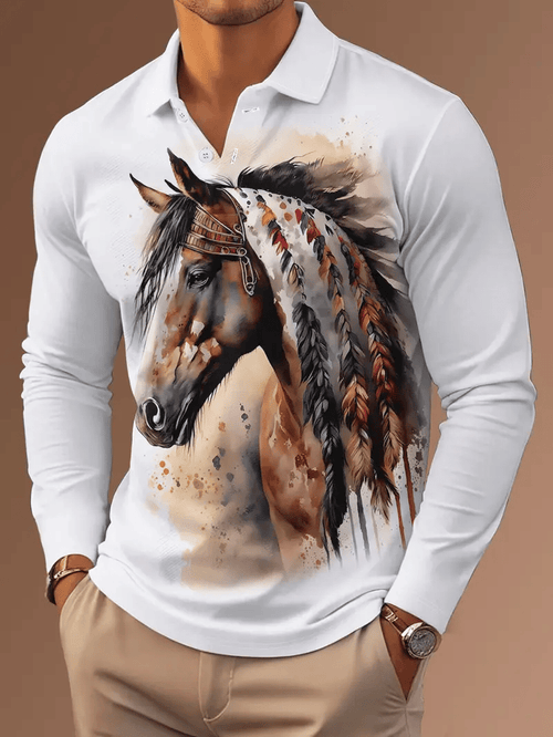 Men's Retro Business Stripe Print Long Sleeve Polo Shirt