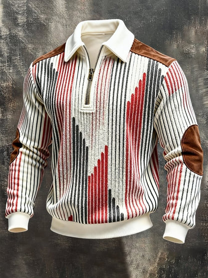 Men's Retro Color Block Print Color-Blocked Zip-Up Sweatshirt