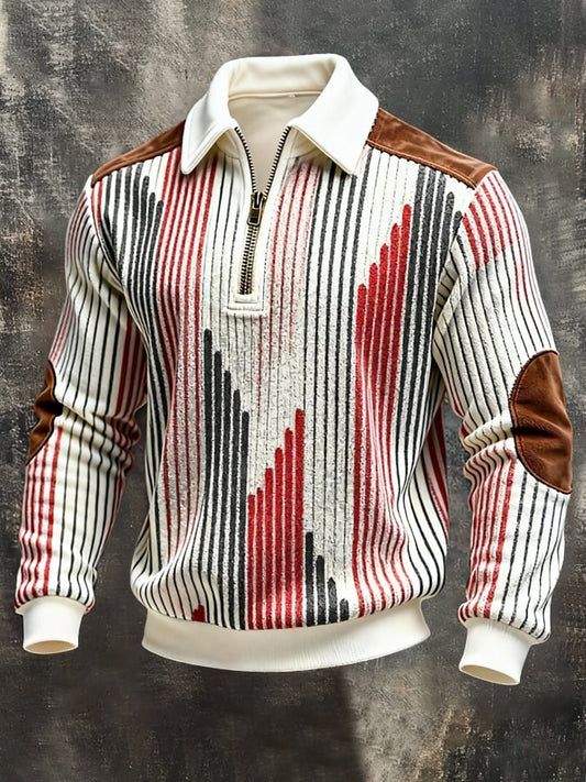 Men's Retro Color Block Print Color-Blocked Zip-Up Sweatshirt
