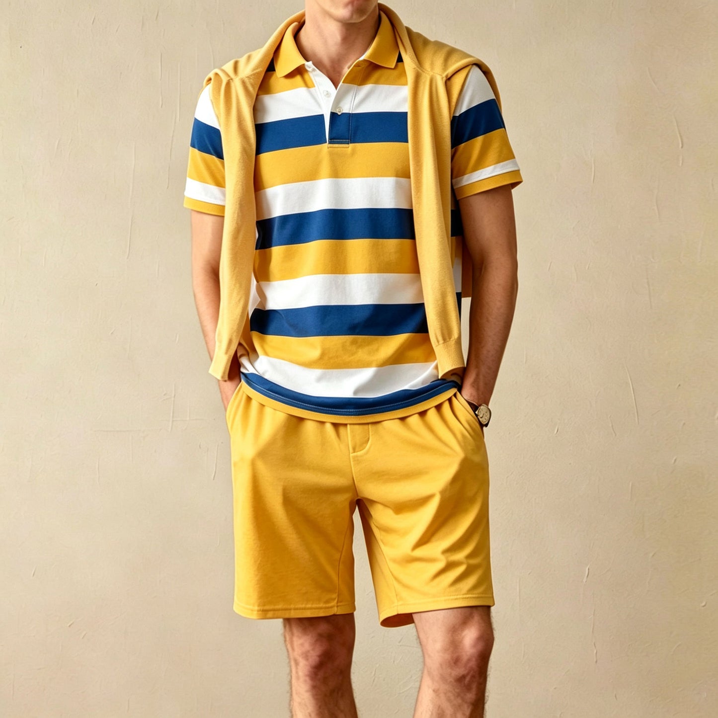 Men's Casual Horizontal Striped Print Short-Sleeve Polo Shirt and Shorts Two-Piece Set