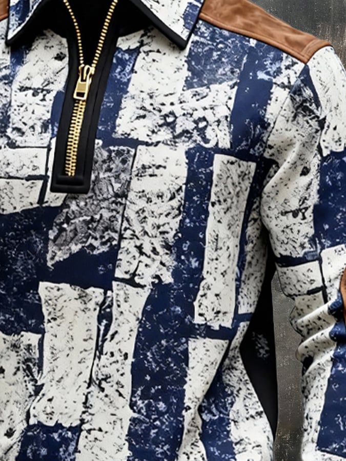 Men's Retro Color Block Print Zipper Sweatshirt