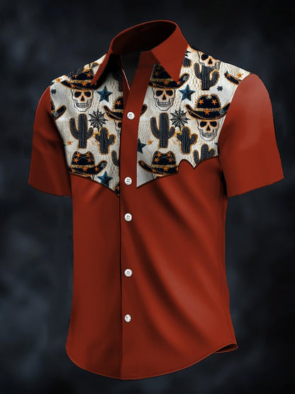 Men's Retro Western Contrast Print Short Sleeve Casual Shirt