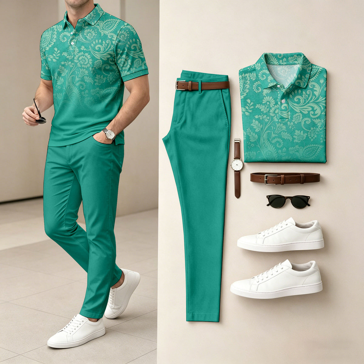 Men's Short-Sleeve Polo Shirt with Gradient Print and Pants Set