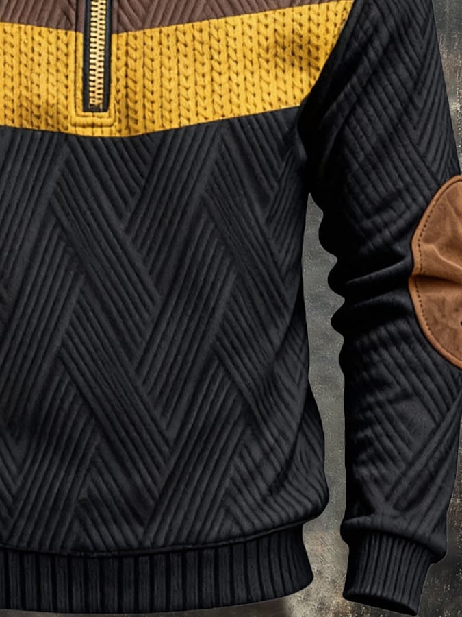 Men's Retro Color Block Print Zipper Sweatshirt