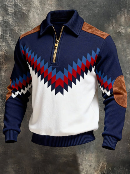Men's Vintage Color-Block Printed Zip-Up Hoodie