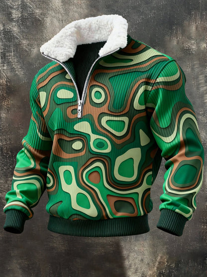 Men's Retro Color Block Print Fur Collar Sweatshirt