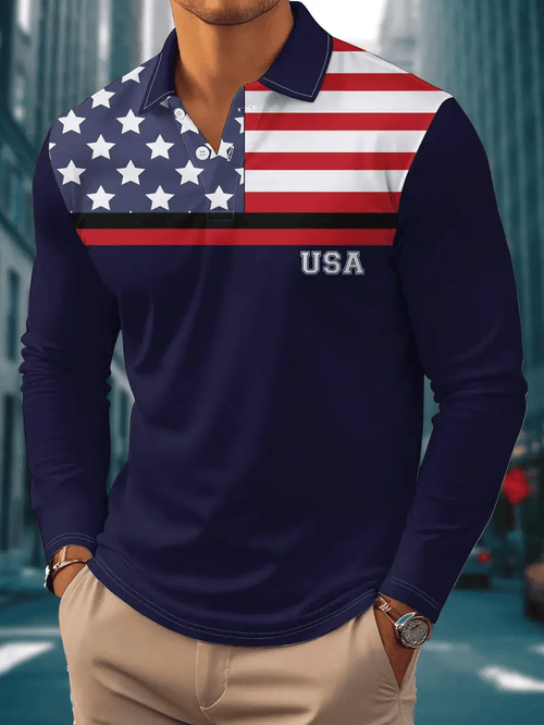 Men's Vintage Flag Print Long Sleeve Polo Shirt