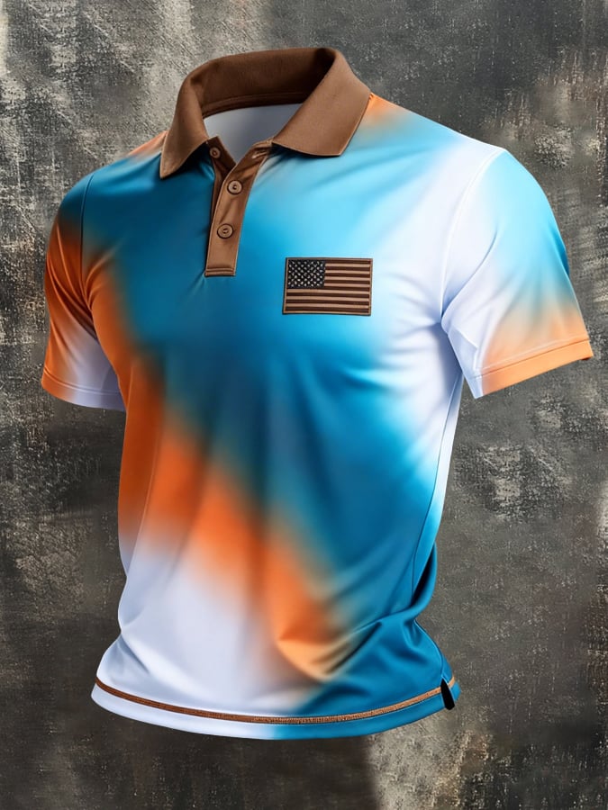 Men's Retro Patriot Color Block Polo Collar Short Sleeve