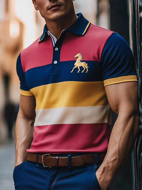 Men's Business Stripe Logo Button-Down Short Sleeve Polo Shirt