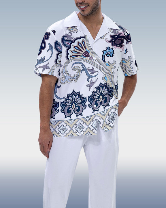 Rianmond Men's White Printed Short Sleeve Shirt Walking Set 249
