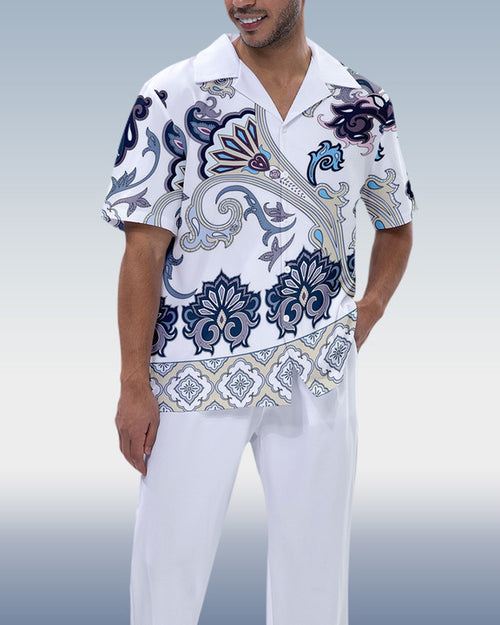 Rianmond Men's White Printed Short Sleeve Shirt Walking Set 249