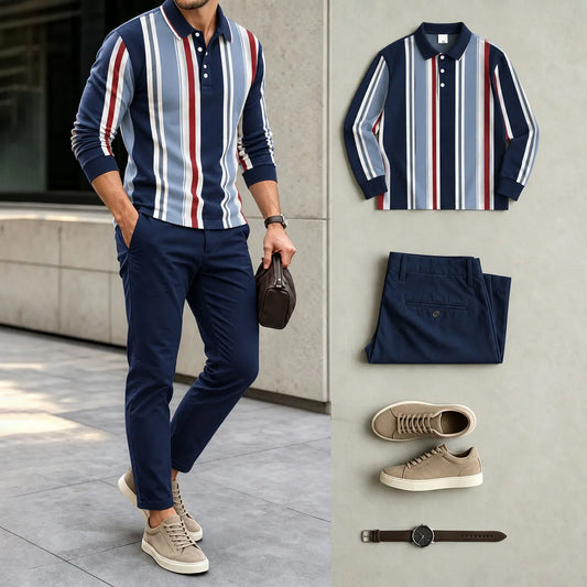 Men's Printed Polo Shirt and Pants Set