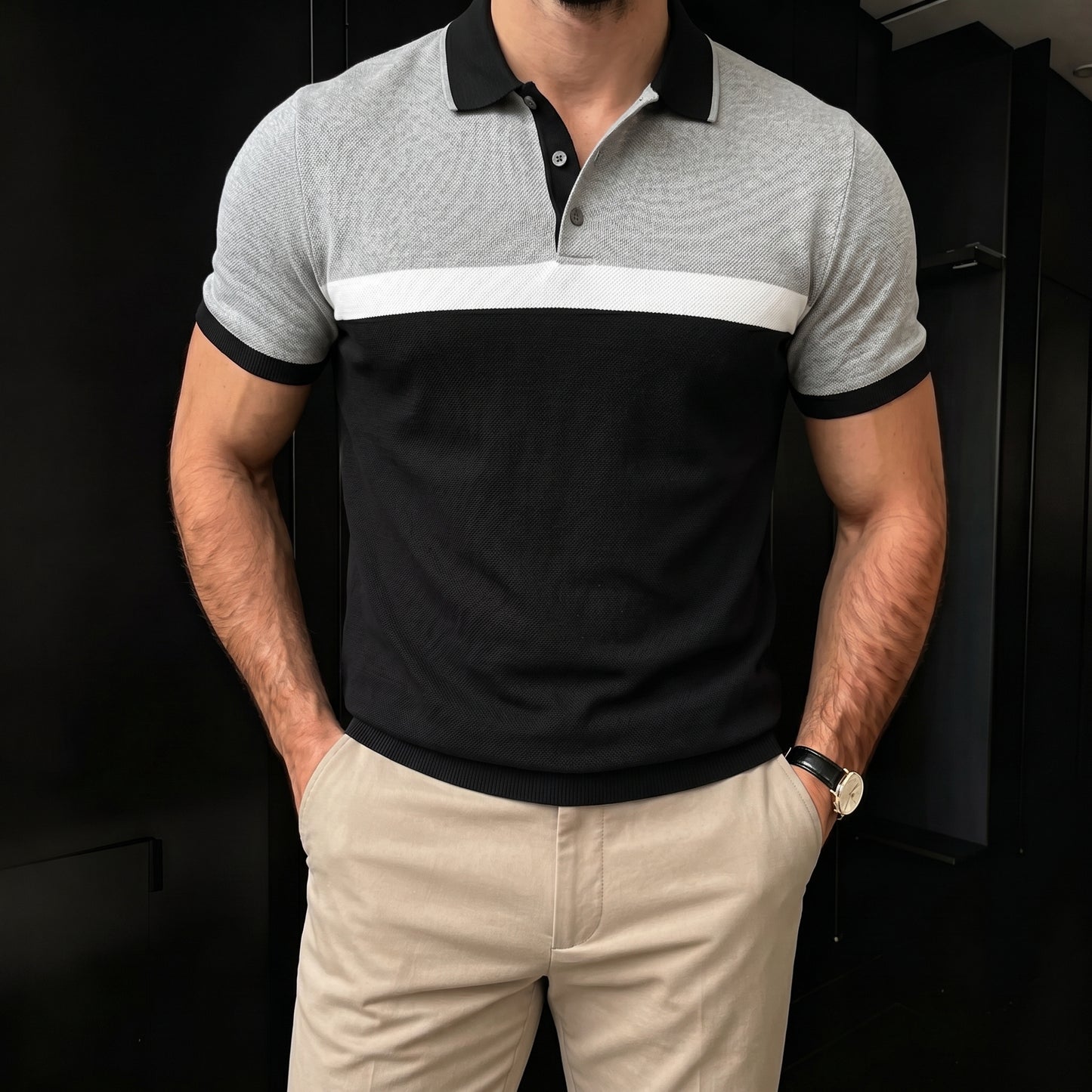 Men's Casual Black And Gray Color Splice Polo Shirt
