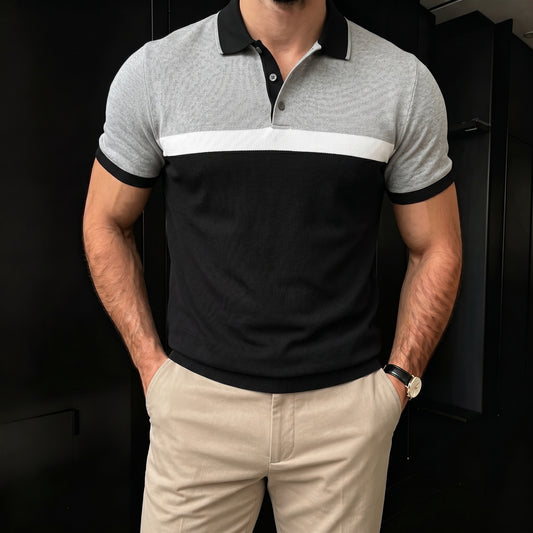 Men's Casual Black And Gray Color Splice Polo Shirt