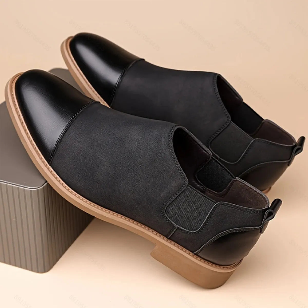 Men's Vintage Two Tone PU Leather Cap Toe Elastic Side Slip On Chelsea Ankle Boots