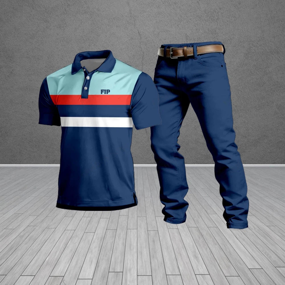Men's Casual Navy Blue Geometric Pattern Short-Sleeved Polo Shirt And Trousers Two-Piece Set