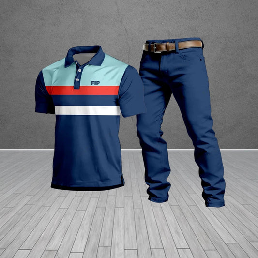 Men's Casual Navy Blue Geometric Pattern Short-Sleeved Polo Shirt And Trousers Two-Piece Set