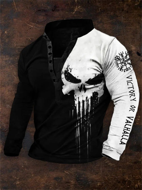 Men's Vintage Victory Or Valhalla Vegvisir Skull Contrast Print Henley Collar Sweatshirt