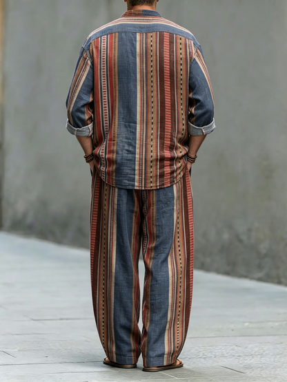 Men's Vintage Ethnic Stripes Print Cotton Shirt Set
