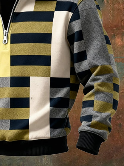 Men's Retro Color Block Print Casual Fur Collar Sweatshirt