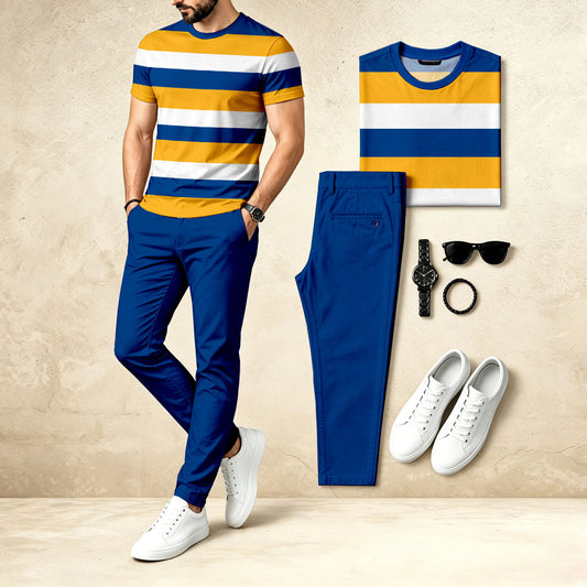 Men's Casual Two-Piece Set: Yellow & Navy Blue Printed Crew Neck Short-Sleeve Top & Long Pants