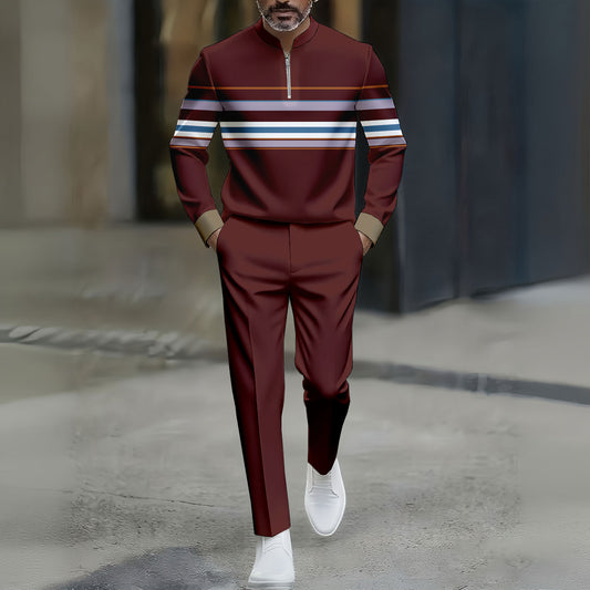 Men's Casual Color Matching Striped Printed Round-Neck Zipper Long Sleeved Trousers Maroon Two-Piece Set