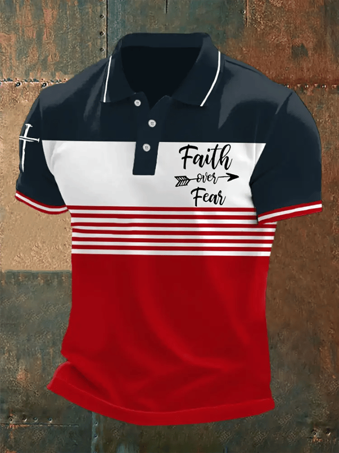 Men's Retro Faith “Faith Over Fear�? Casual Printed Polo Shirt