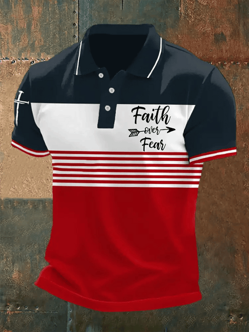 Men's Retro Faith “Faith Over Fear�? Casual Printed Polo Shirt