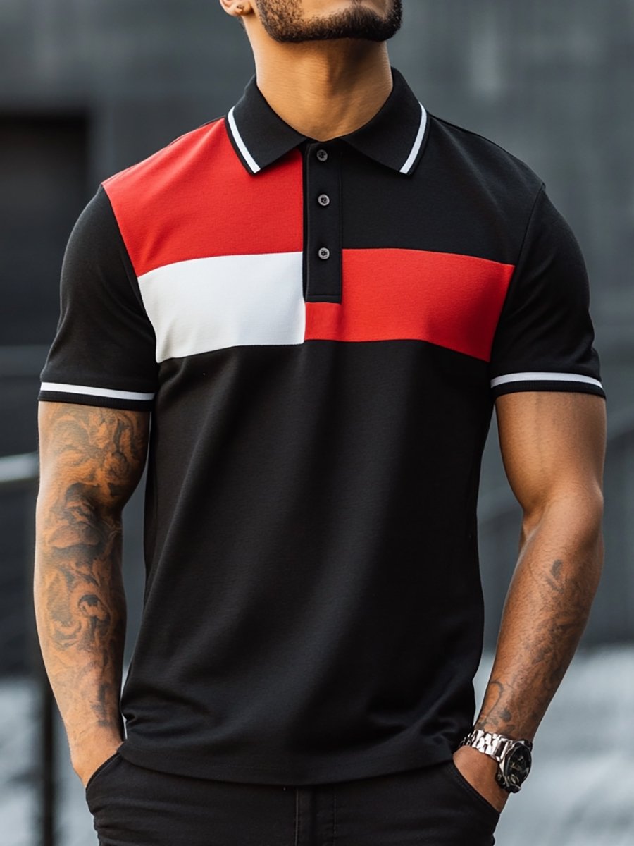 Men's Business Stripe Logo Button-Down Short Sleeve Polo Shirt