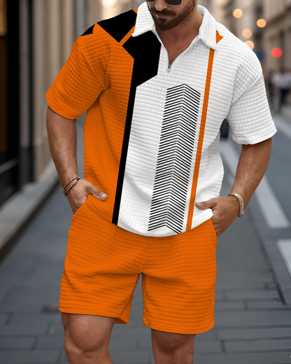Men's Casual Art Print Waffle Texture Summer Polo Set 064
