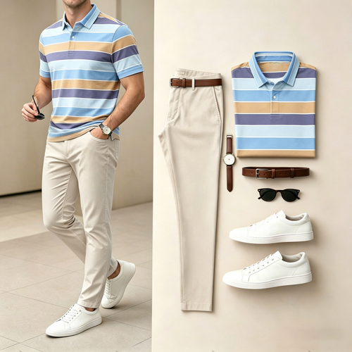 Men's Casual Striped Color-Block Print Short-Sleeve Polo Shirt And Pants Set (Excludes Accessories Such As Watches And Belts)