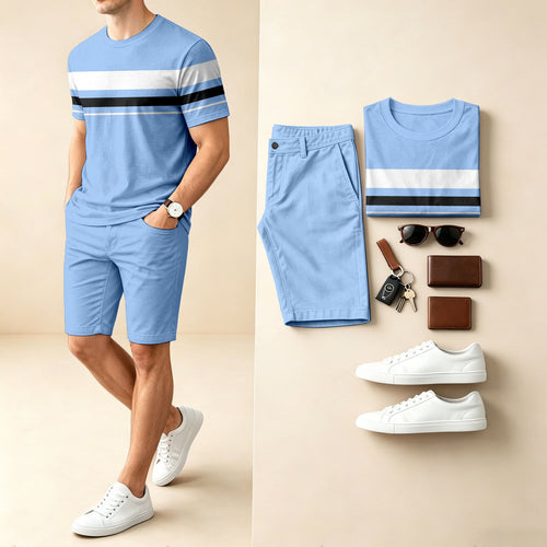 Men's Casual Striped Patchwork Print Round-Neck Short-Sleeve T-Shirt And Shorts Two-Piece Set