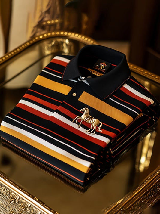 Men's Vintage Business Horse Logo Stripe Print Long Sleeve Polo Shirt