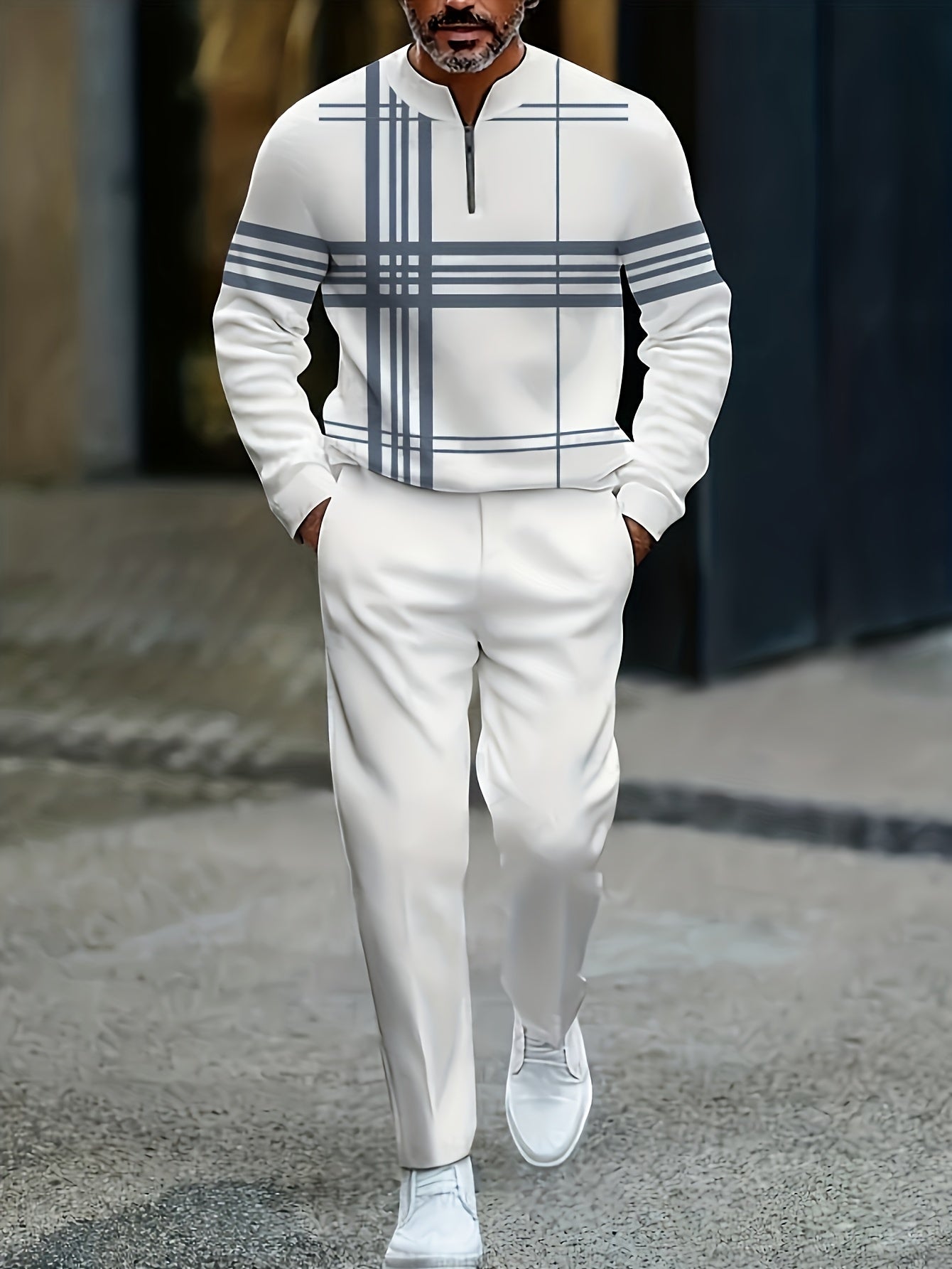 Men's Casual White & Dark Gray Color Matching Checkered Printed Round-Neck Zipper Long Sleeved Sweatshirt & Trousers Two-Piece Set