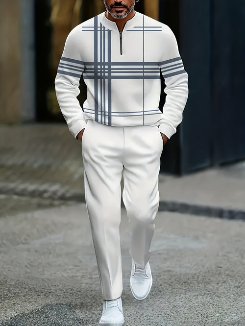 Men's Casual White & Dark Gray Color Matching Checkered Printed Round-Neck Zipper Long Sleeved Sweatshirt & Trousers Two-Piece Set
