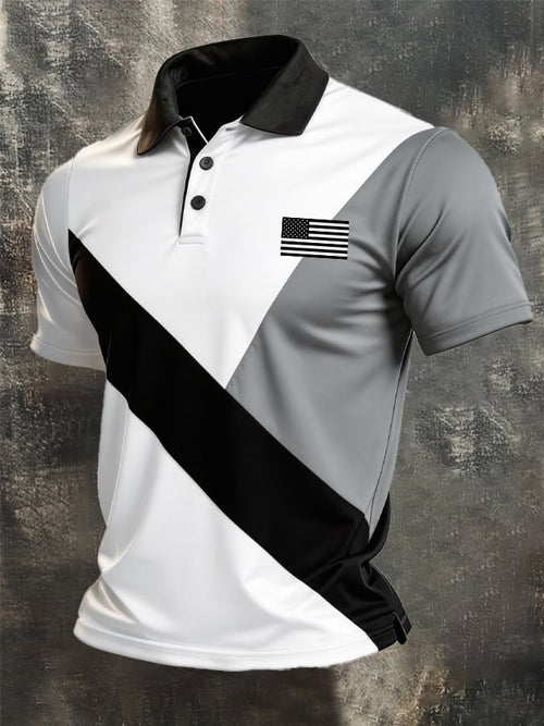 Men's Retro Patriotic Color-Block Short-Sleeve Polo Shirt